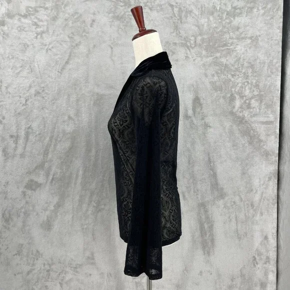 Vintage 90s Sheer Velvet Burnout Bell Sleeve V-Neck Top Hippie Goth - Picture 4 of 10